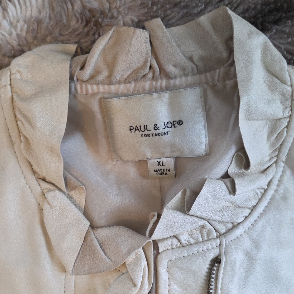Paul & Joe Women's Light Beige Leather Jacket W/Rufflle
